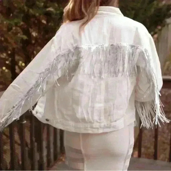 Sequin Fringe White Denim Jacket - Picture 4 of 8